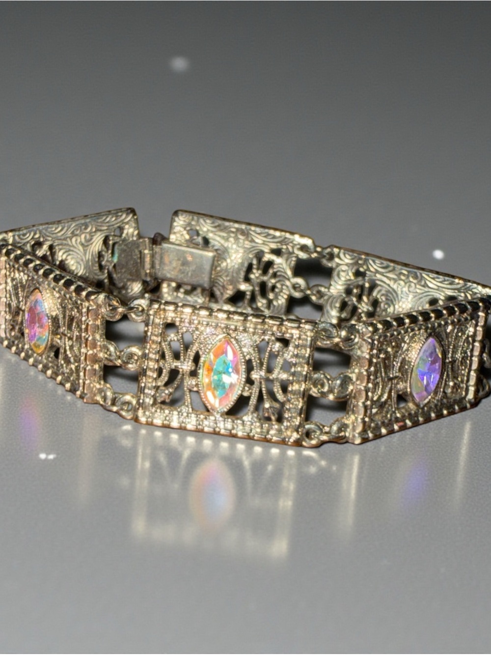Vtg Aurora Borealis Marquise Crystal Filigree Bracelet Silver